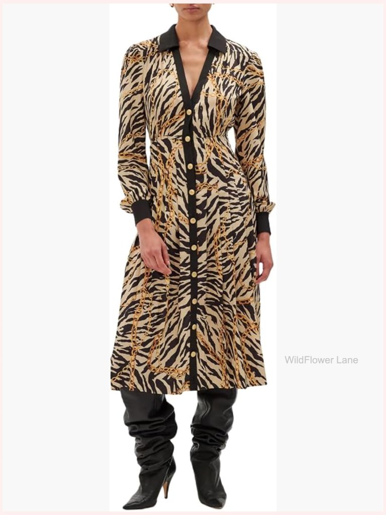 Long Sleeve Maxi Dress With Animal Print And Button Closure